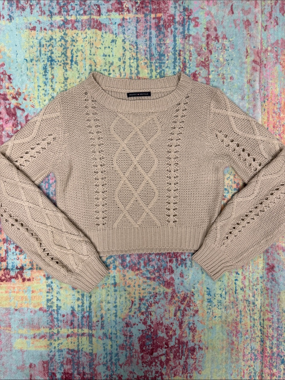 Brandy Melville Beige Cable Knit Cropped Crew Sweater